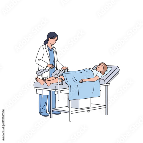 A female doctor conducts a medical examination on a female patient lying on an examination table with her legs in stirrups, covered by a blue sheet.