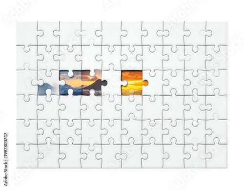 A puzzle partially assembled, showcasing a mountain sunset. Two pieces are missing, revealing landscape views