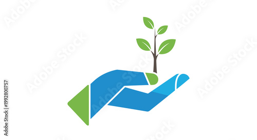 A geometrically styled blue and green hand gently cradles a small green plant with four distinct leaves on a pristine white background.