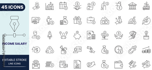 Income and salary icon set in outline style. Editable stroke. Vector icon collection.