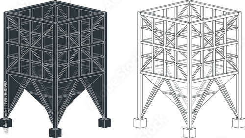 Industrial steel hopper silo framework, structural engineering wireframe and solid model, conical support design, CAD visualization, industrial construction illustration