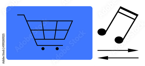 E-commerce, music streaming, digital economy, shopping trends, entertainment, online services. A shopping cart, musical notes and arrows. E-commerce and music streaming concept