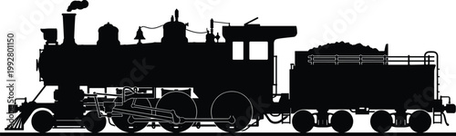 Steam locomotive silhouette with tender, classic train design illustration, vintage railway engine artwork, historical transportation concept, black mechanical silhouette