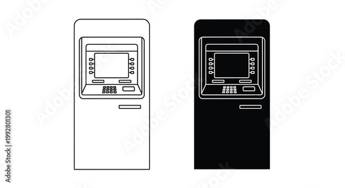 A pair of automated teller machines are presented in contrasting black and white depictions side by side