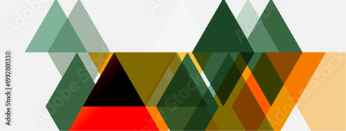 Abstract geometric composition. Triangles, squares overlap creating modern design. Colors include green, orange, red, gray. Minimalist style.
