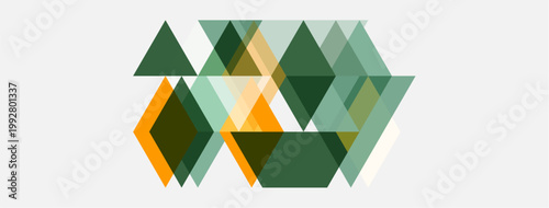 Abstract geometric shapes overlap, creating dynamic composition. Green, orange hues dominate neutral background. Modern design element.