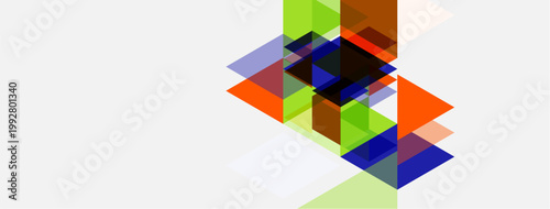 Abstract geometric shapes overlap, creating colorful layers. Composition features squares, rectangles, transparency, light tones. Minimalist design.