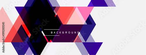 Abstract geometric design. Triangles overlap, creating dynamic visual effect. Pink, purple, white colors dominate composition. Modern background texture.