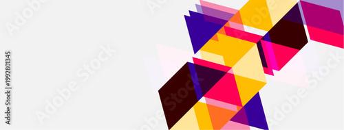 Abstract geometric shapes overlap, creating vibrant color blocks. Design features pink, purple, gold hues on white background.
