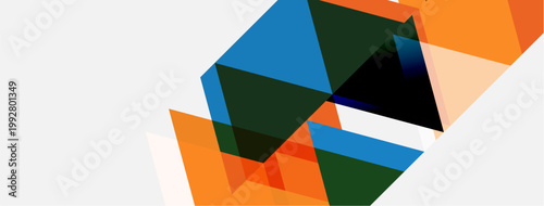 Abstract geometric shapes overlap. Orange, blue, green hues dominate white background. Modern design elements present.
