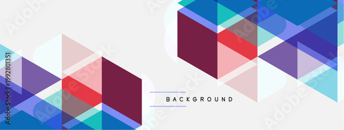 Abstract geometric shapes overlap, creating vibrant color patterns. Background features triangles, squares, purple, blue hues.