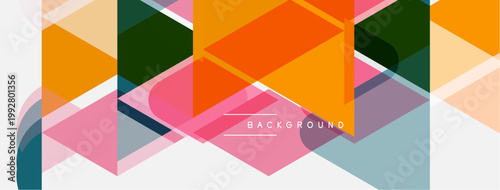 Abstract geometric shapes overlap, creating vibrant colorful background. Pink text reads background. Modern design elements present.