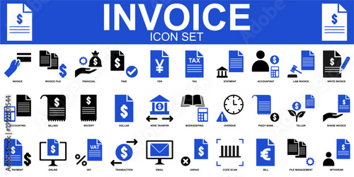 Invoice icon set vector for accounting apps. Ideal for symbolizing clean billing documents, digital tax payments, and simple business receipts.