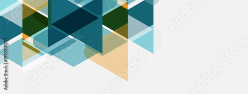 Abstract geometric shapes overlap, creating layered teal, green, beige patterns. Minimalist design with ample white space.