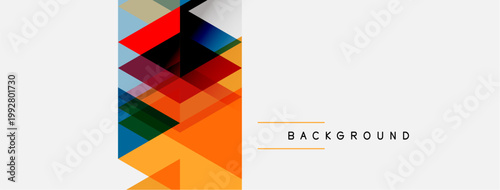 Abstract geometric shapes overlap, creating vibrant color blocks. Orange dominates left side, white right. Minimalist design.