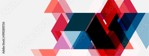 Abstract geometric shapes overlap, creating dynamic composition. Red, blue, pink hues dominate white background. Modern design element.