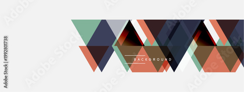 Geometric shapes form repeating pattern. Colors include teal, orange, gray, navy. Minimalist design with text element.