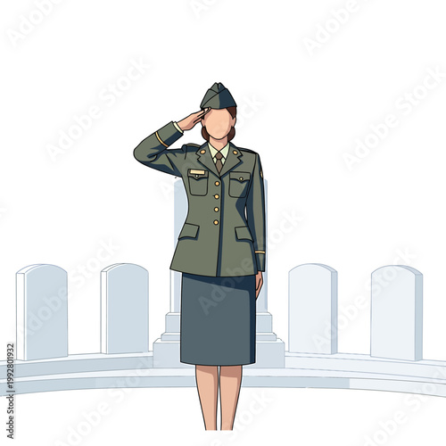 Illustration of a female soldier saluting in a military uniform with a cemetery background