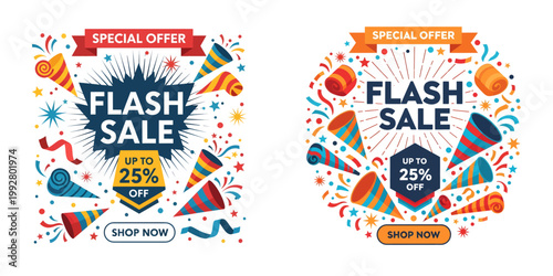 A vibrant illustration of two colorful flash sale badges with confetti and fireworks on a white background for advertising and marketing purposes.