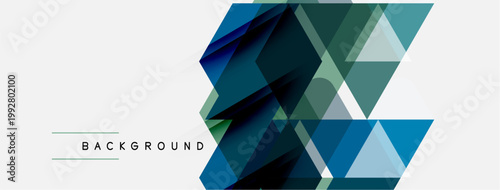 Abstract geometric shapes overlap. Blue, green hues dominate design. Minimalist style with text element present. Modern aesthetic.