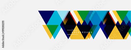 Geometric shapes create vibrant pattern. Blue, green, yellow triangles form repeating design on white background. Minimalist style.