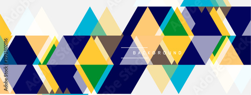 Geometric triangles form abstract pattern. Colors include blue, yellow, green, gray. Modern design element for backgrounds.