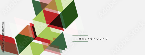 Abstract geometric shapes overlap, creating dynamic visual texture. Colors include green, red, pale yellow, white. Minimalist design.