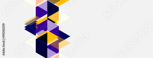 Abstract geometric shapes, purple, gold, lavender hues. Minimalist design, clean lines, modern aesthetic. Composition focuses on angular forms.