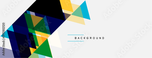 Abstract geometric shapes overlap, creating dynamic composition. Blue, green, yellow hues dominate white space. Text reads BACKGROUND.