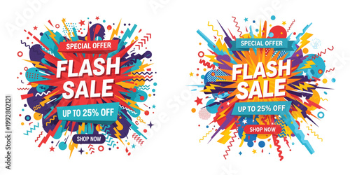 Vibrant colorful sale banners with dynamic splashes of paint and text announcing special offers