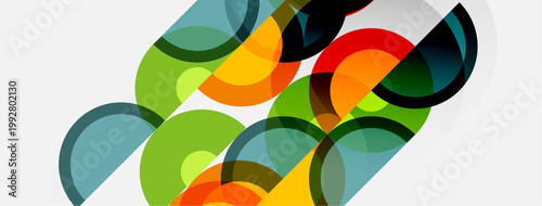 Abstract colorful overlapping circles create dynamic composition. Modern design, vibrant hues, geometric shapes present visual harmony.