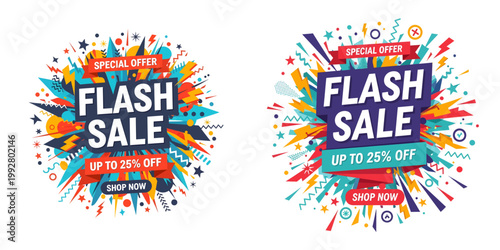 Vibrant colorful sale banners with flash sale text and abstract shapes are displayed side by side