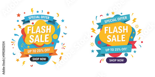 Vibrant flash sale banners with colorful decorations and discounts are displayed prominently online.