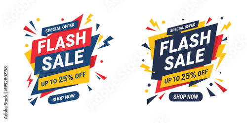 Vibrant flash sale banners with up to 25 percent discount are advertised on colorful backgrounds.