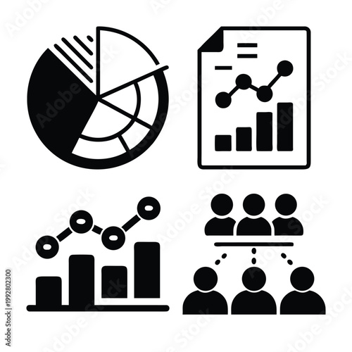 Data analysis and organization concepts represented by pie chart, document, growth chart, and group of people.