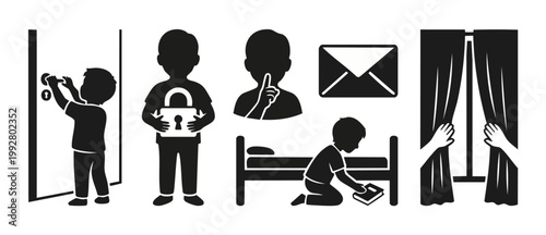 Child Silhouette Icon Set: Opening Door, Holding Lock, Keeping Secret, Reading Book, Peeking Curtains. Vector collection of minimalist boy figures showing childhood activities, privacy, and developmen