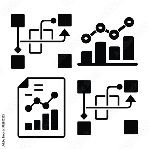 Data flowchart and statistical report document icons for professional information systems.