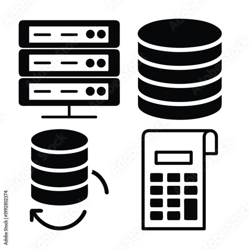 Database server icons vector set contains database, data synchronization, database server, invoice.