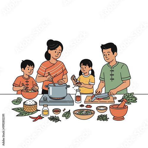 Illustration of a family cooking together in a kitchen with various ingredients