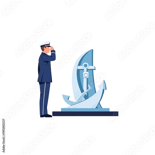 Illustration of a sailor saluting in front of a giant anchor statue with a white background.