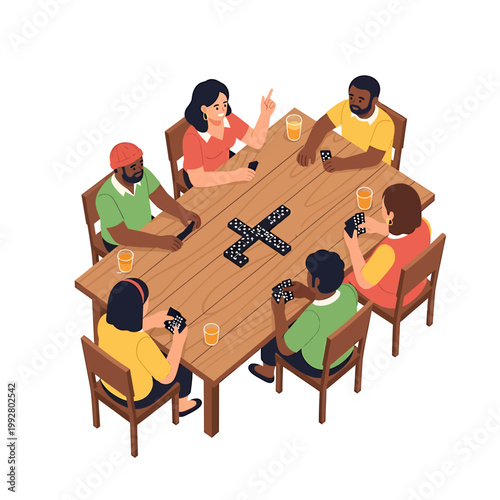 Illustration of a diverse group of people sitting around a wooden table playing Jenga with drinks and a joyful atmosphere
