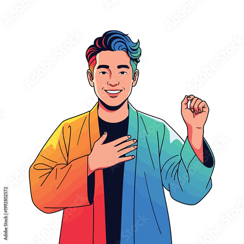 Illustration of a smiling young man with rainbow-colored hair and jacket, gesturing confidently against a clean white background.