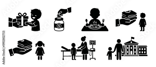 Charity and Social Support Icons Set for Children Assistance, Child Welfare and Humanitarian Aid Concept, Minimalist Black Silhouette Vector Illustrations for Non-Profit Organization Programs and Dona