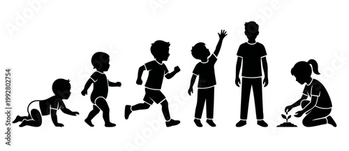 Child development stages silhouette set, infant to teenager growing process, boy and girl icons showing human growth cycle and childhood milestones for education, biology, family growth and biology co