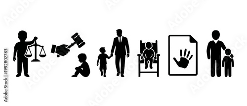 Child Custody Legal Icons Set, Family Law and Adoption Symbols, Courtroom Gavel, Foster Care Process, Child Welfare Silhouette Vector Illustration for Social Work, Parental Rights and Guardianship Con