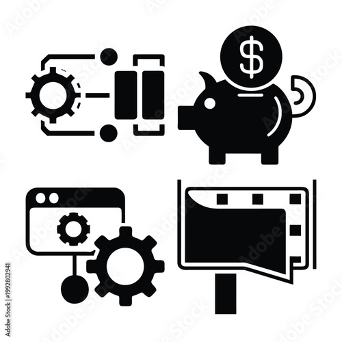 Financial technology icons showing savings investment and system processing tools.