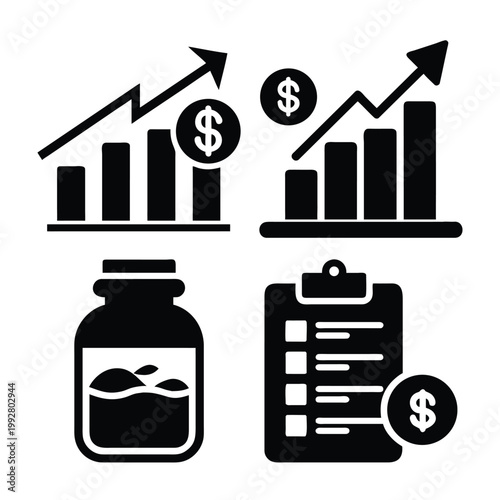 Investment growth and financial checklist icons featuring profit bars and savings jar art.