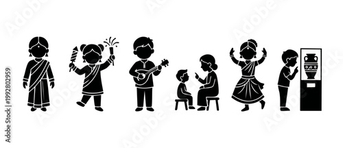 Indian People Silhouettes Set, Traditional Culture and Daily Life Activities, Festive Celebration, Musical Performance, Educational Museum Visit and Classical Dance Icons Collection on White Backgroun
