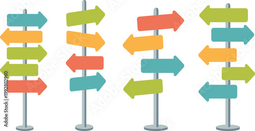 Colorful directional signposts set, navigation arrows vector illustration for wayfinding design