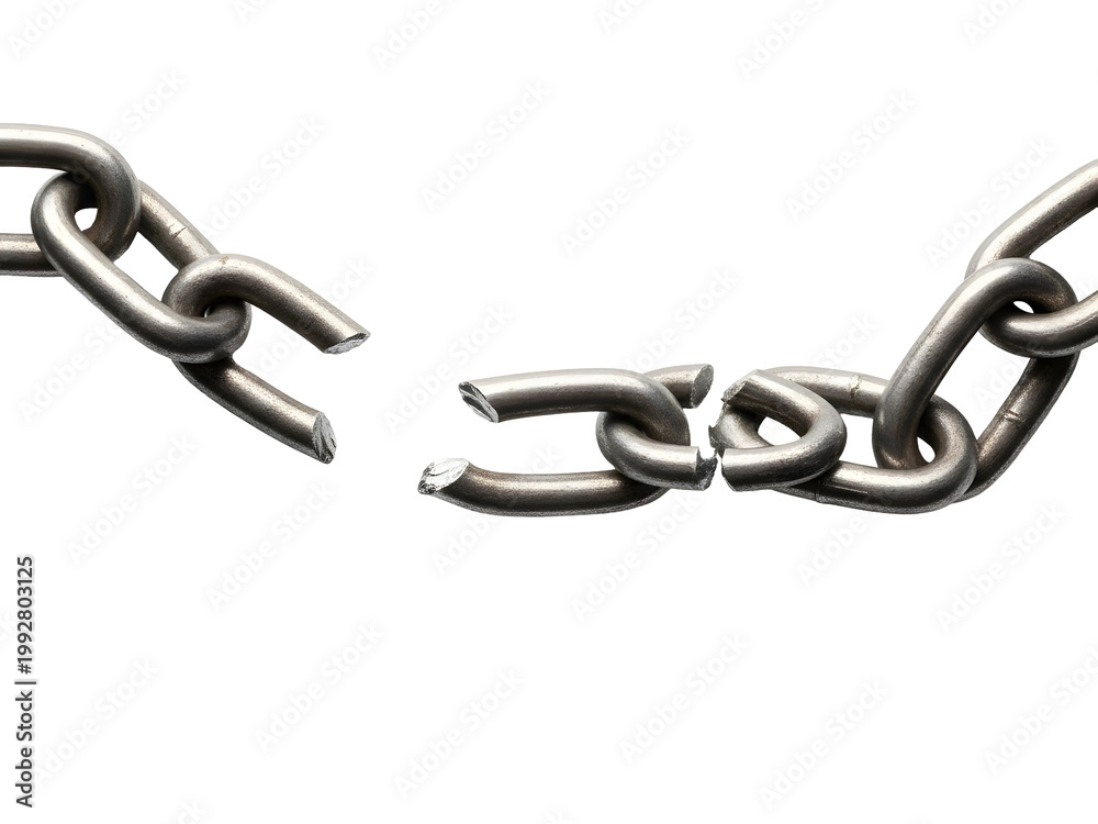 Fototapeta premium Broken metal chain links symbolizing weakness and failure.